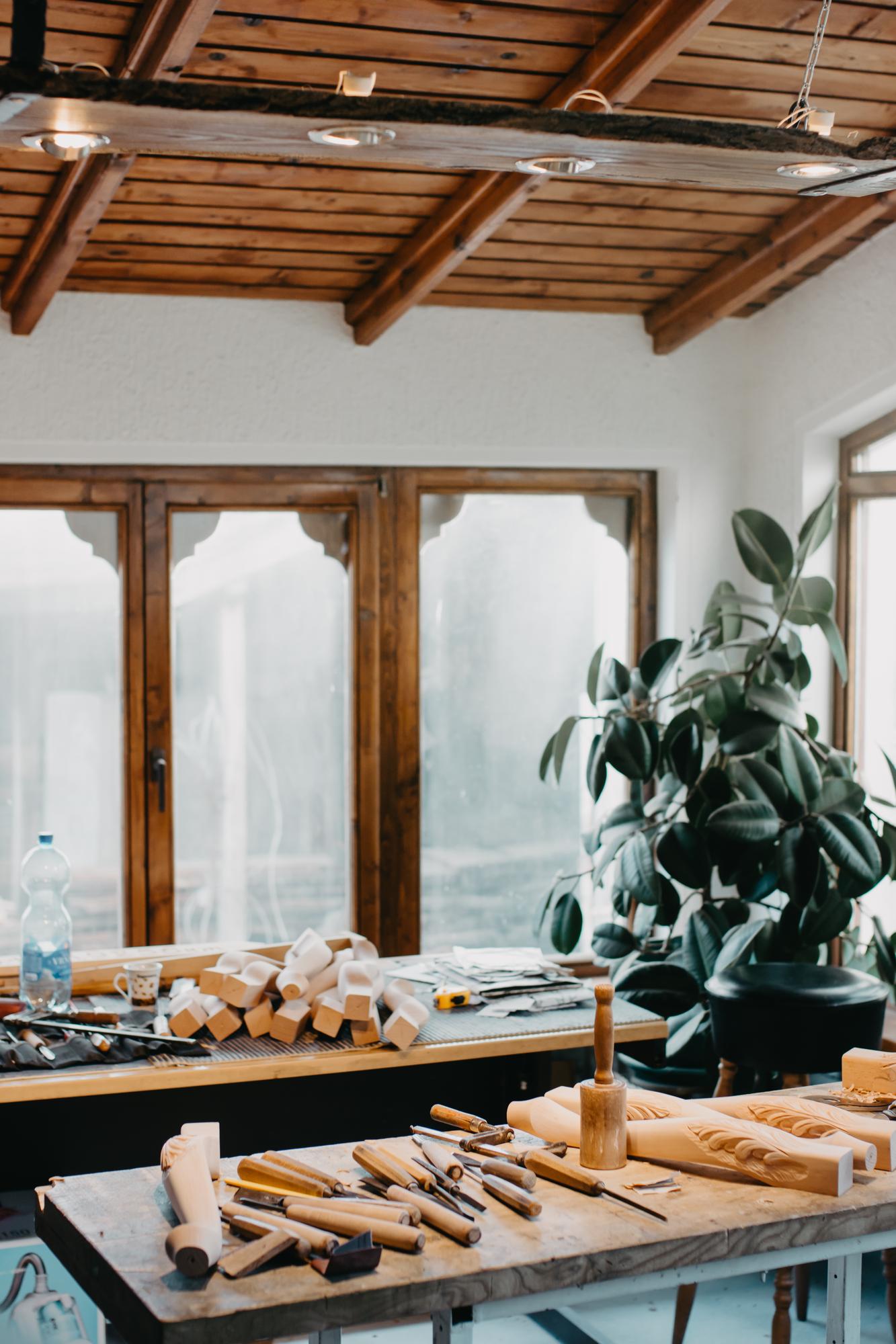 Small culinary studio exterior with warm light