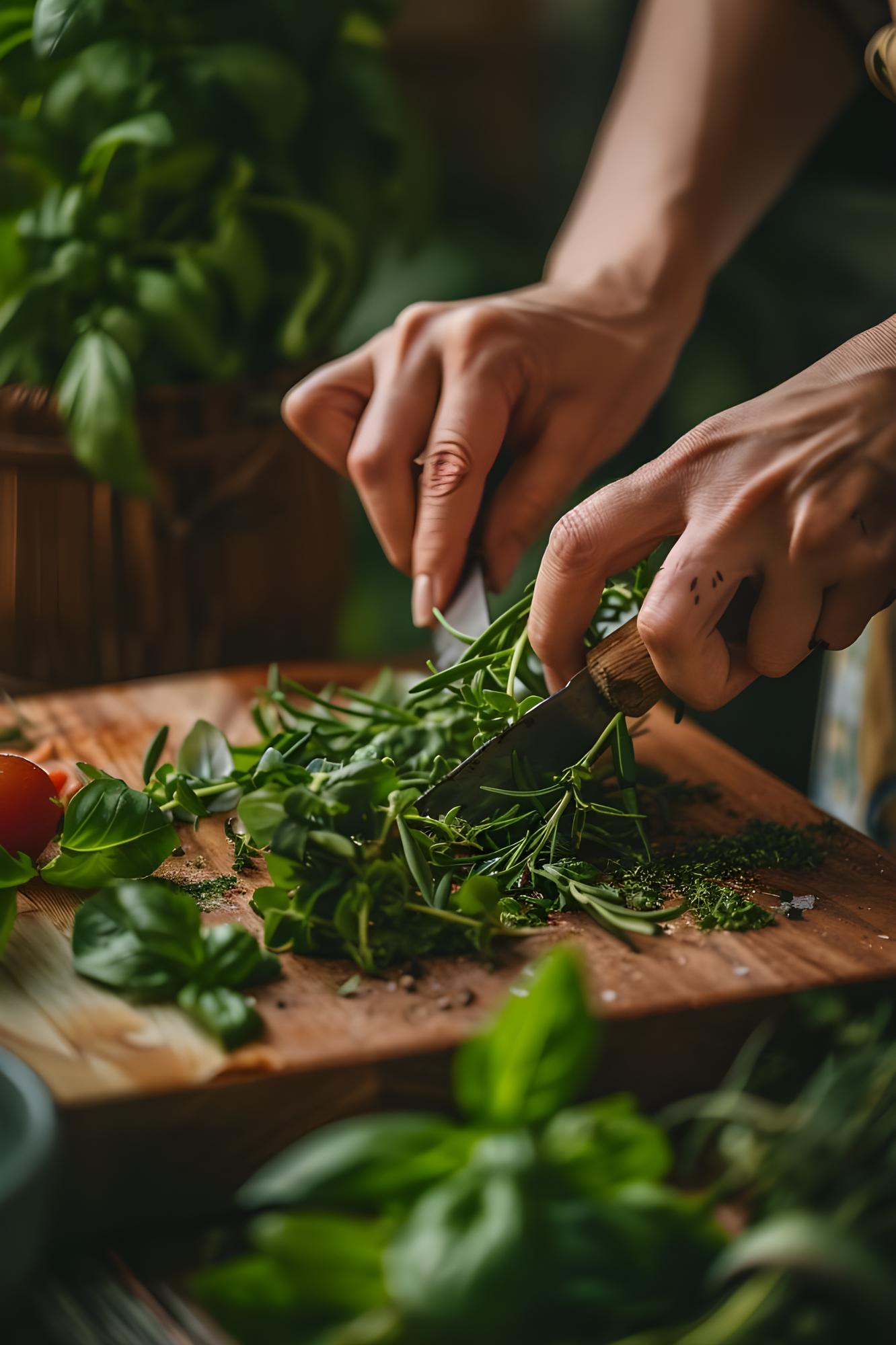 Hands preparing herbs in a bright kitchen